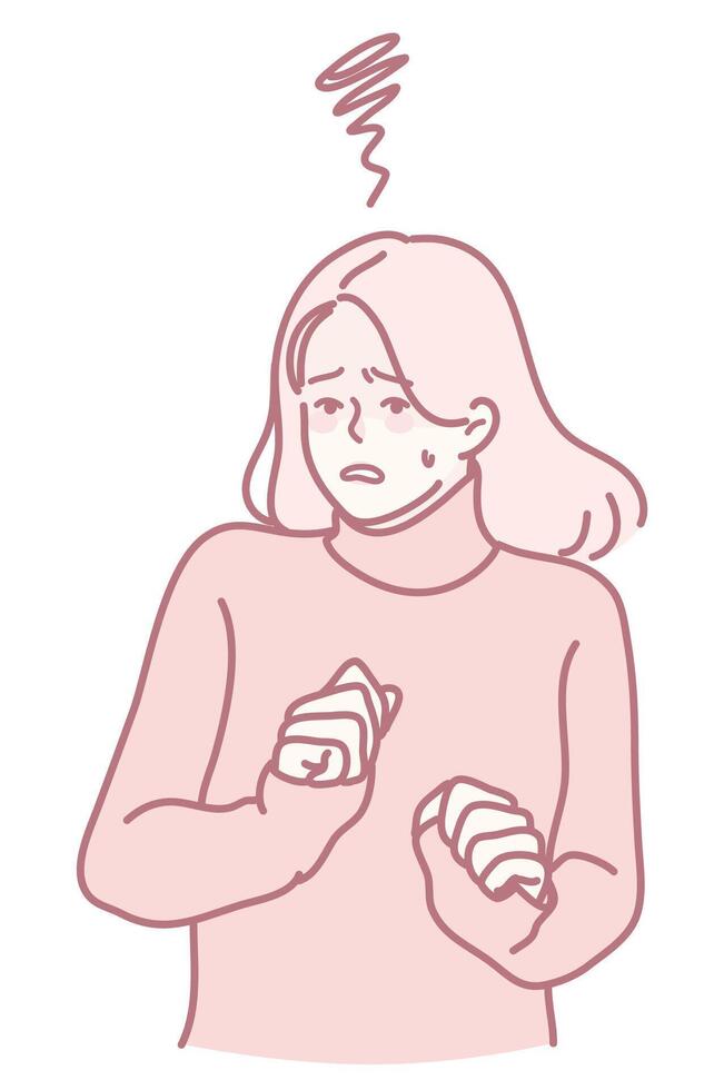 An anxious woman displaying nervous gestures, demonstrating feelings of concern and tension vector