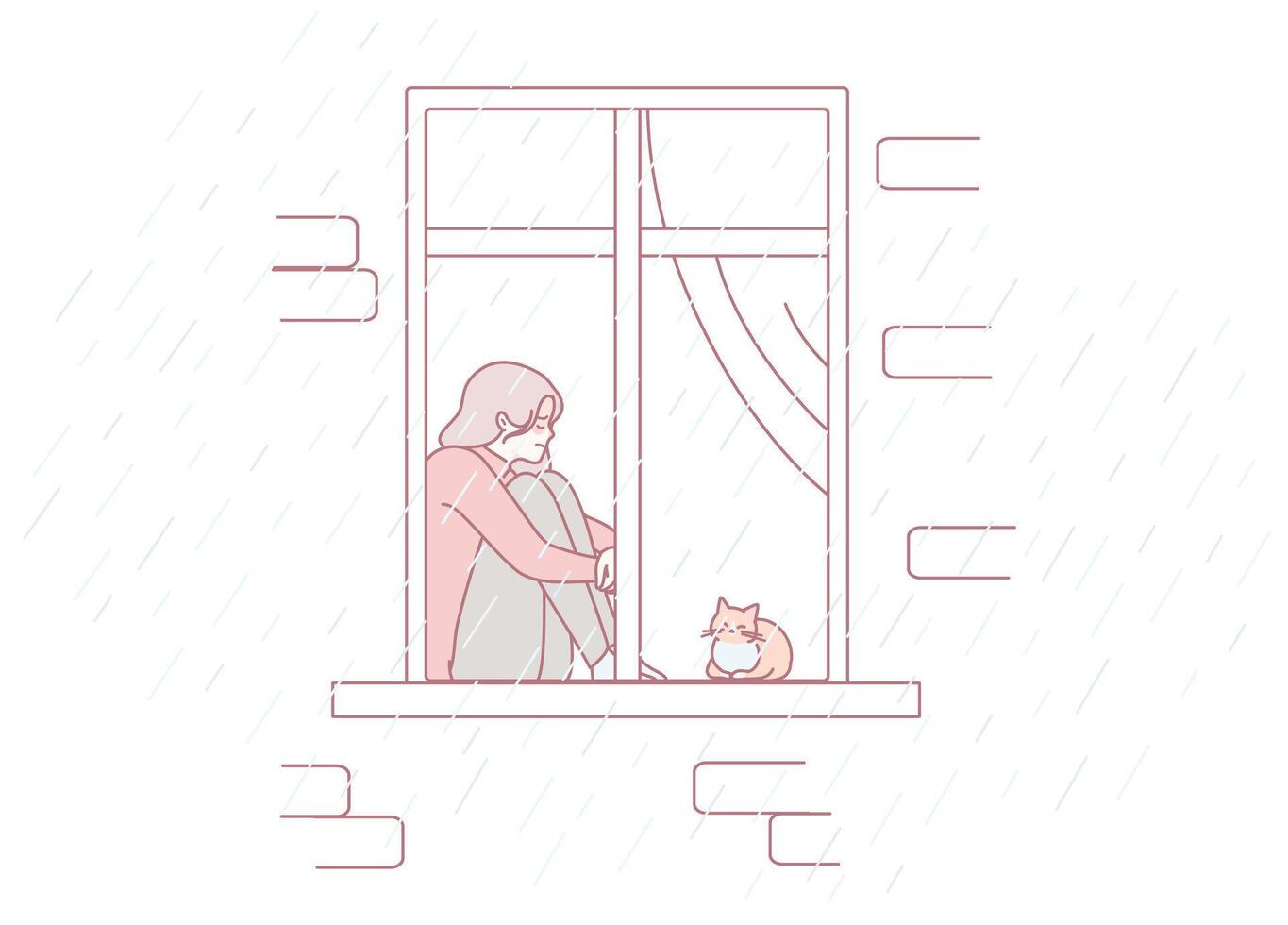 A serene depiction of a woman and her beloved cat gazing out a window while it rains softly vector