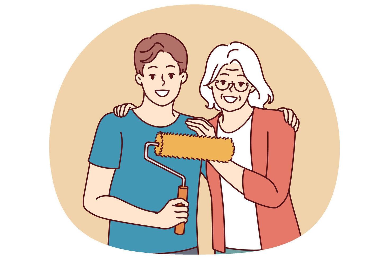 Grandmother hugging grandson doing repairs and using roller to paint walls vector