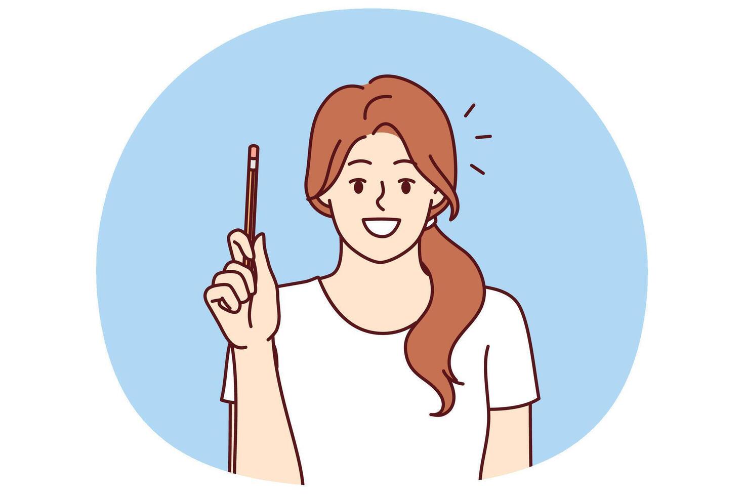 Happy woman has come up with new idea and is holding up pencil to share thoughts and discuss vector