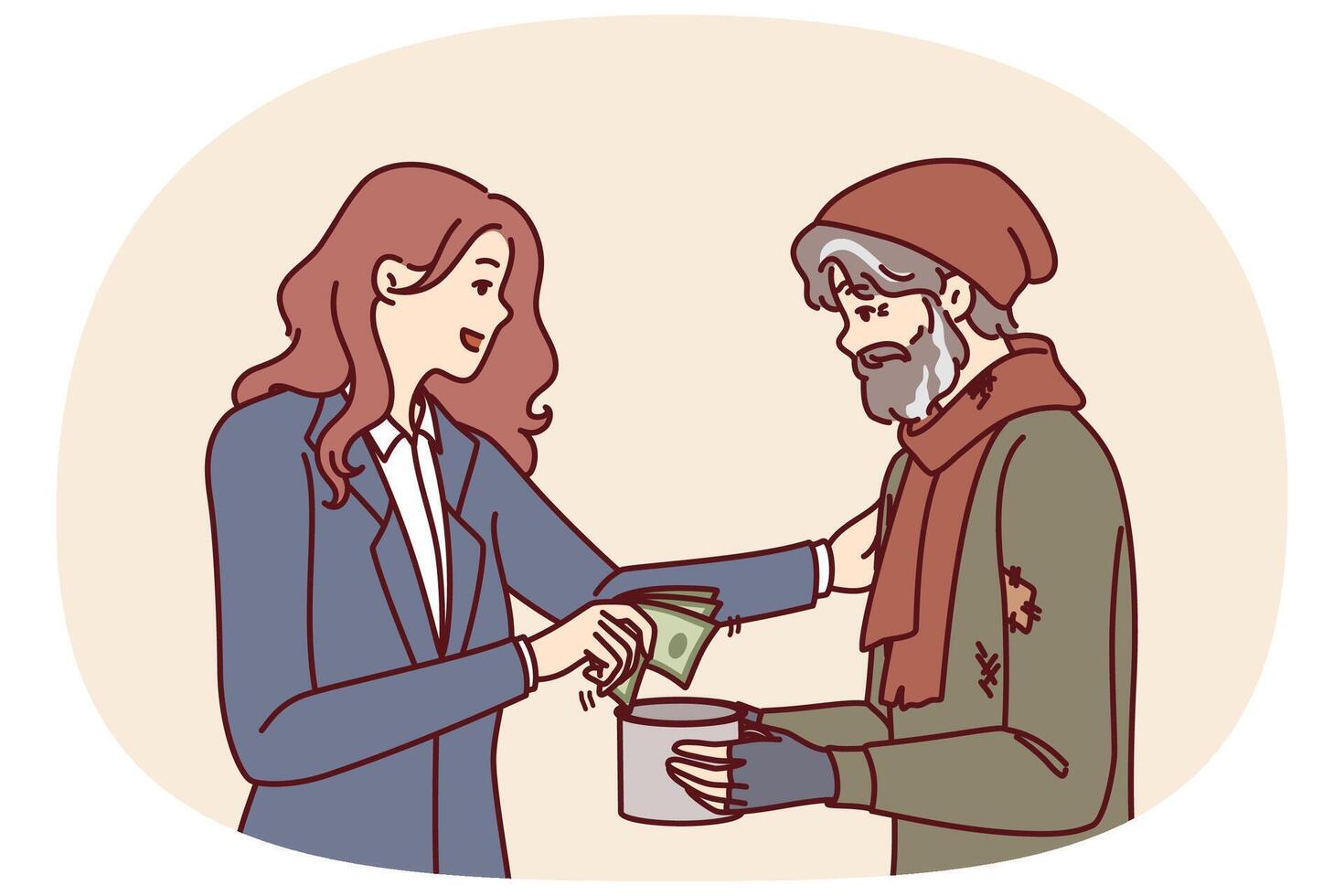 Successful woman helps beggar by giving money for food and lodging vector