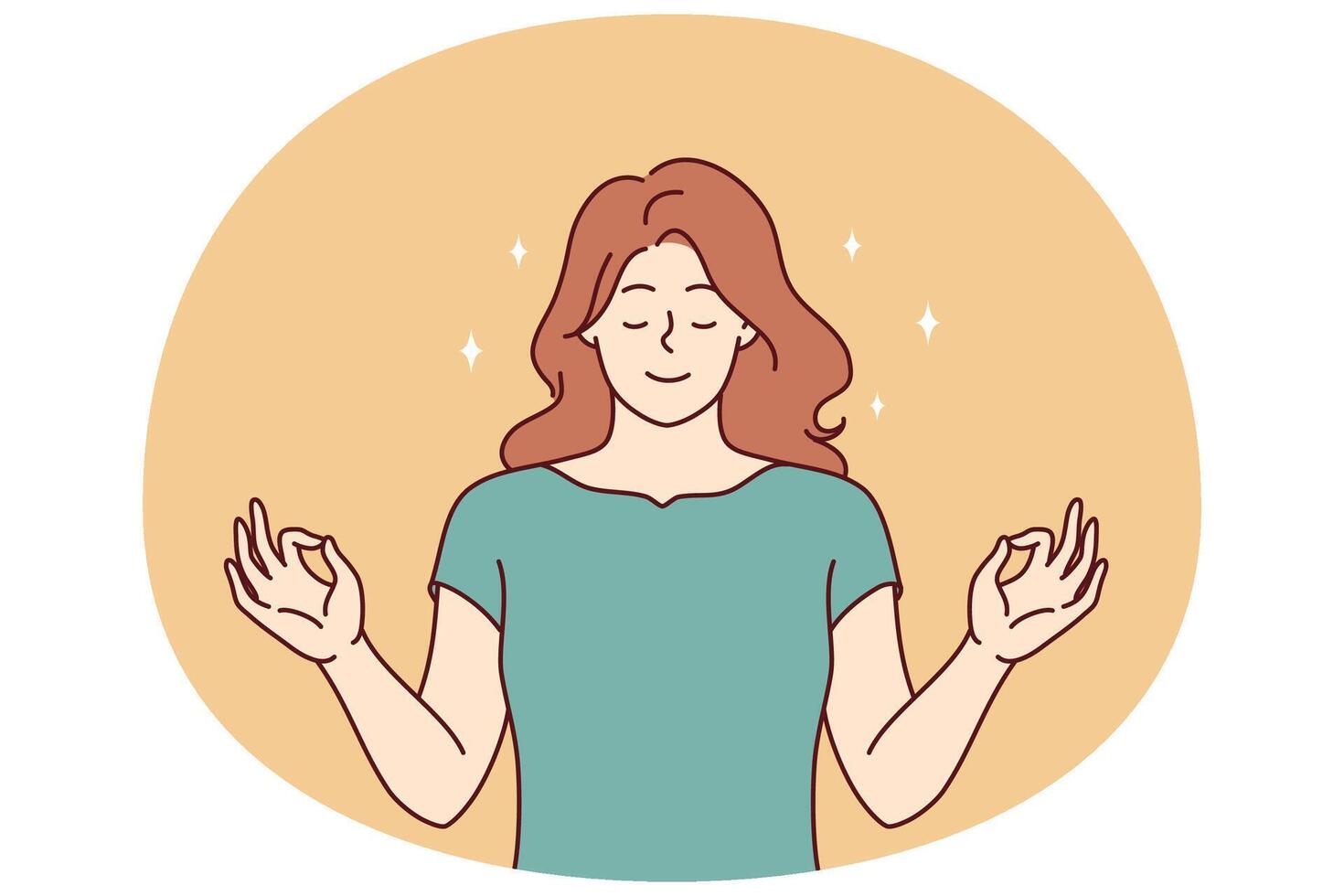 Serene woman meditating making mudra gesture and practicing yoga to bring thoughts vector