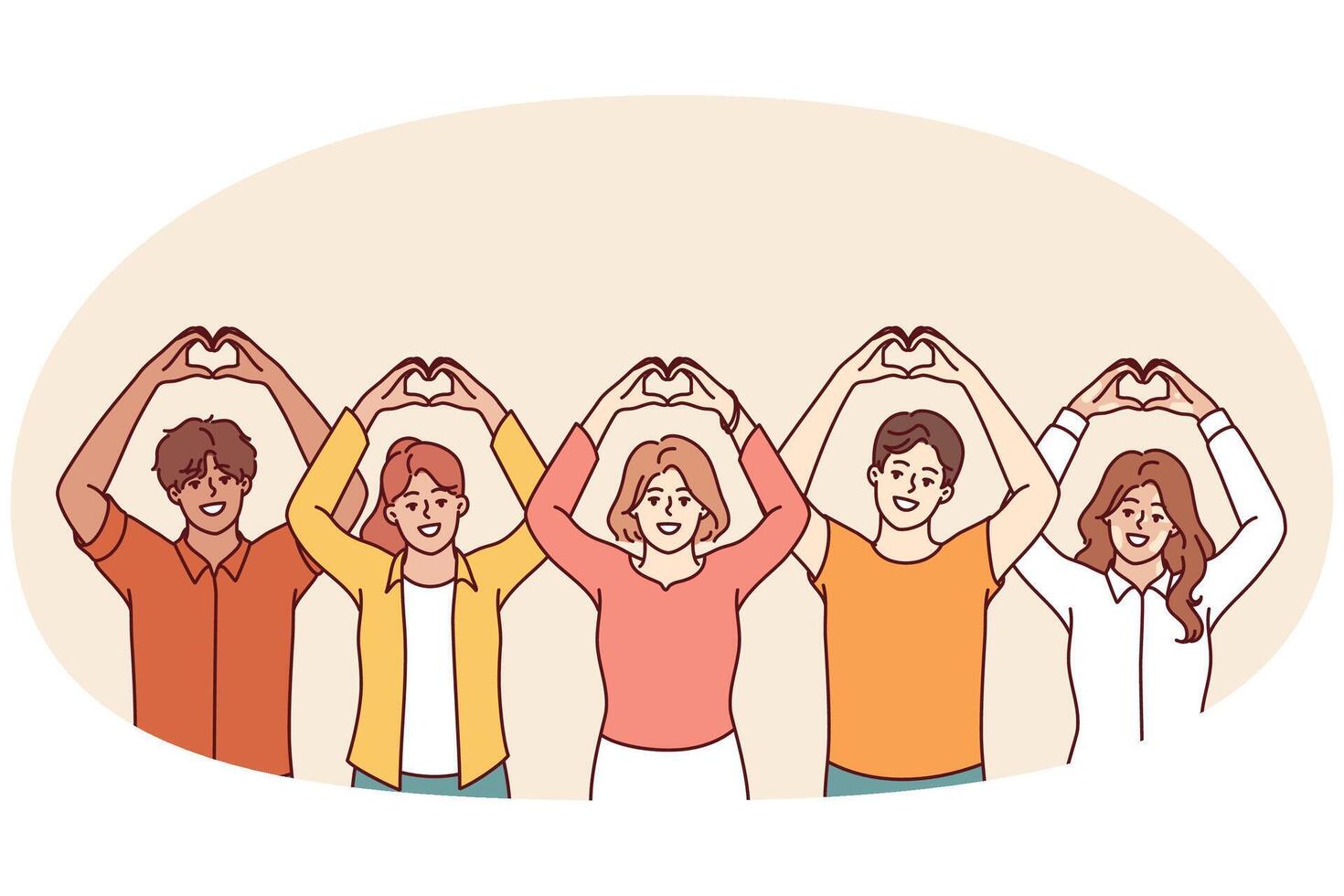 Kind people volunteers making heart shape with fingers and raising hands vector