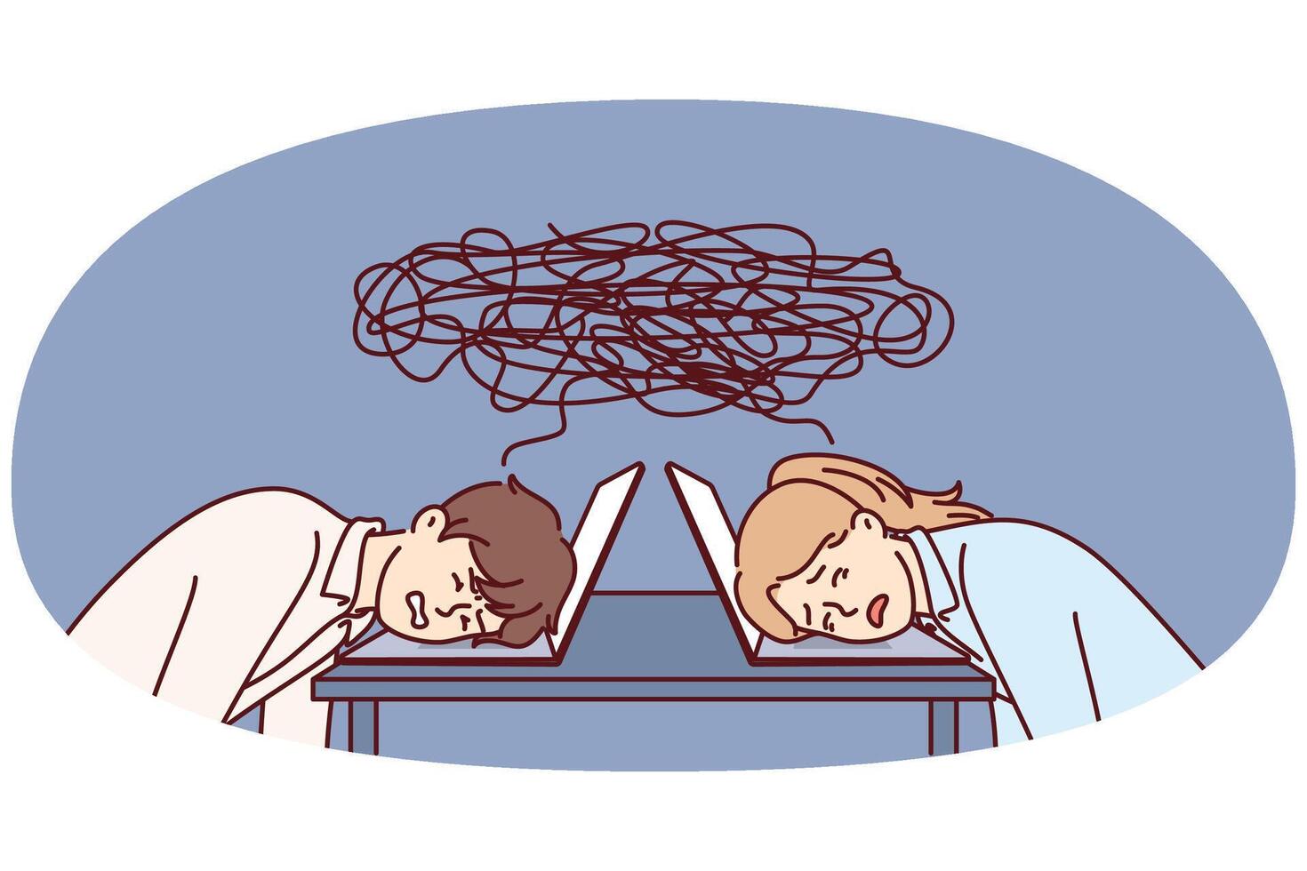Tired office workers put their heads on table with laptop due to workplace vector