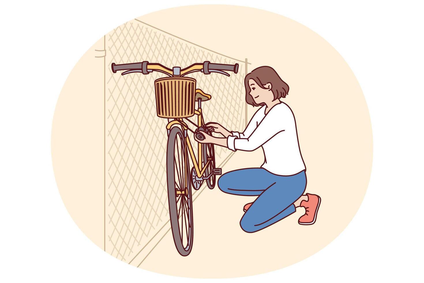 Woman parks bicycle near fence after returning from work on environmentally friendly vector