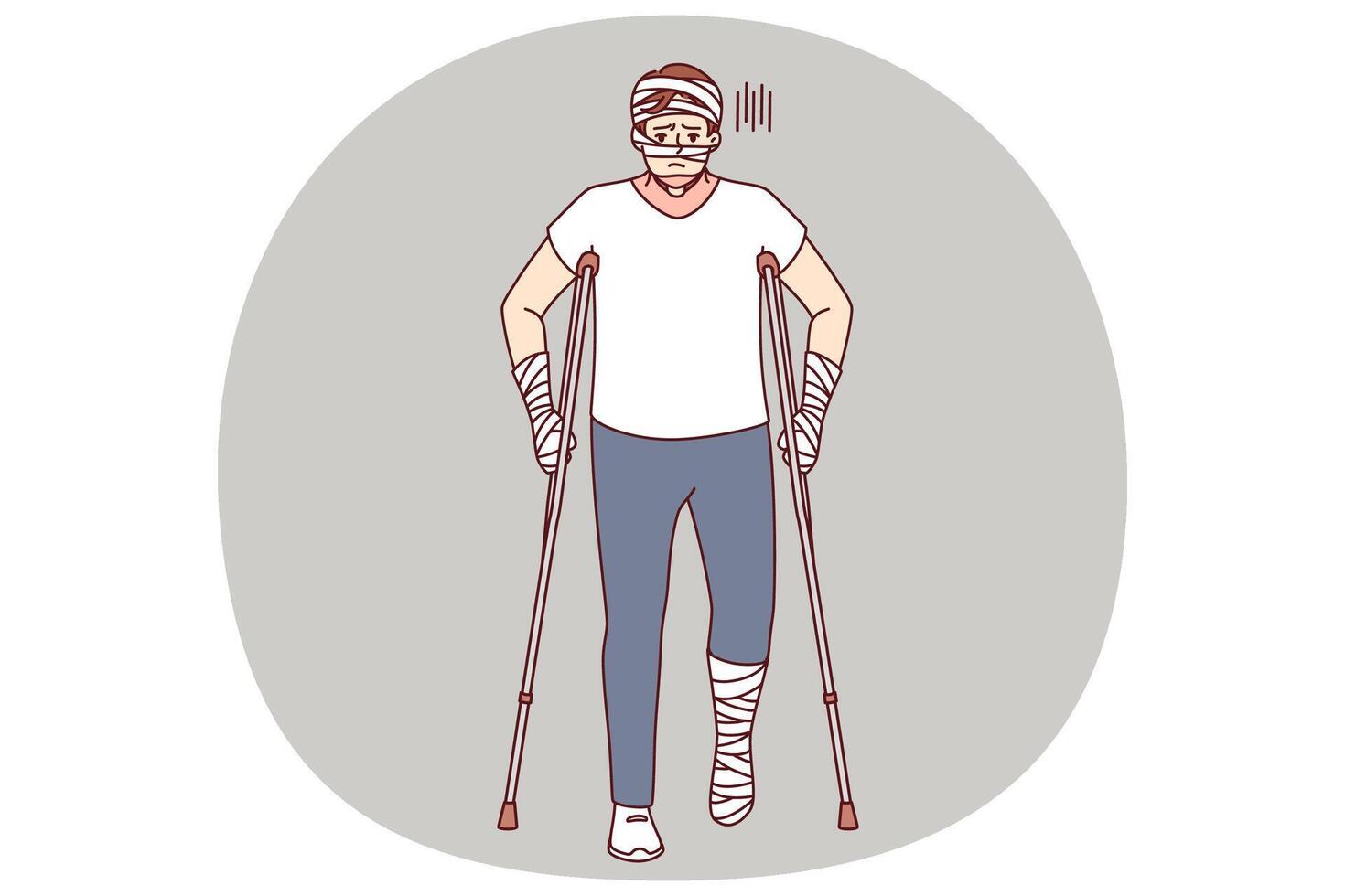 Ill man with bandages on hands and head uses walking aids after being involved in car vector