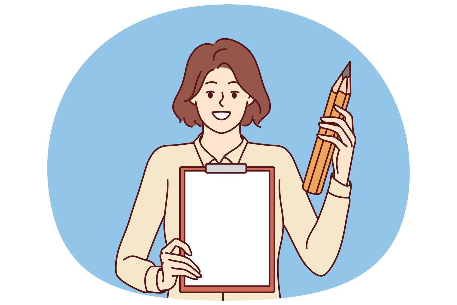 Woman with clipboard to create checklist or action plan, and giant pencil vector