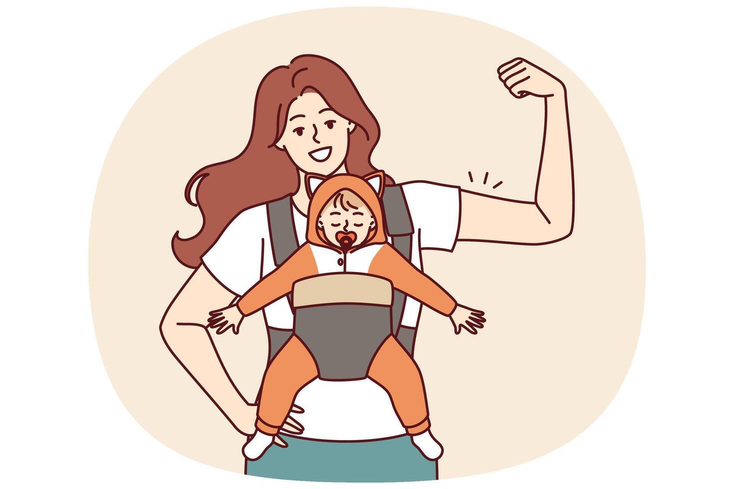 Strong mother with newborn in baby carrier shows biceps demonstrating confidence in future vector