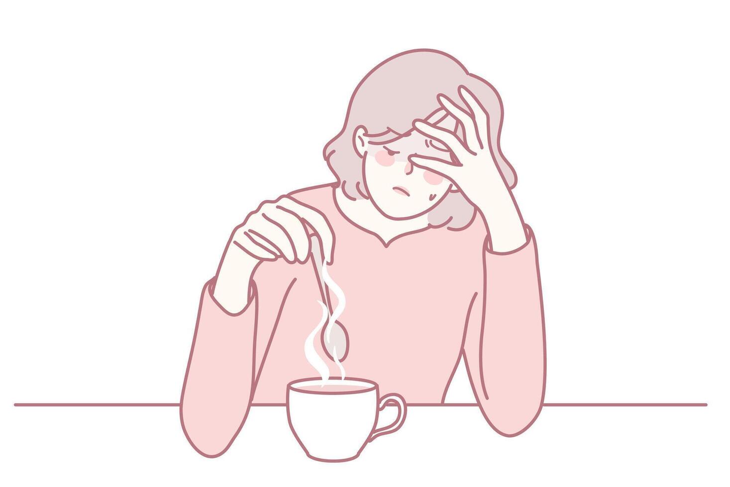 A woman is stirring her coffee with a deep and pensive expression on her face, lost in thought vector