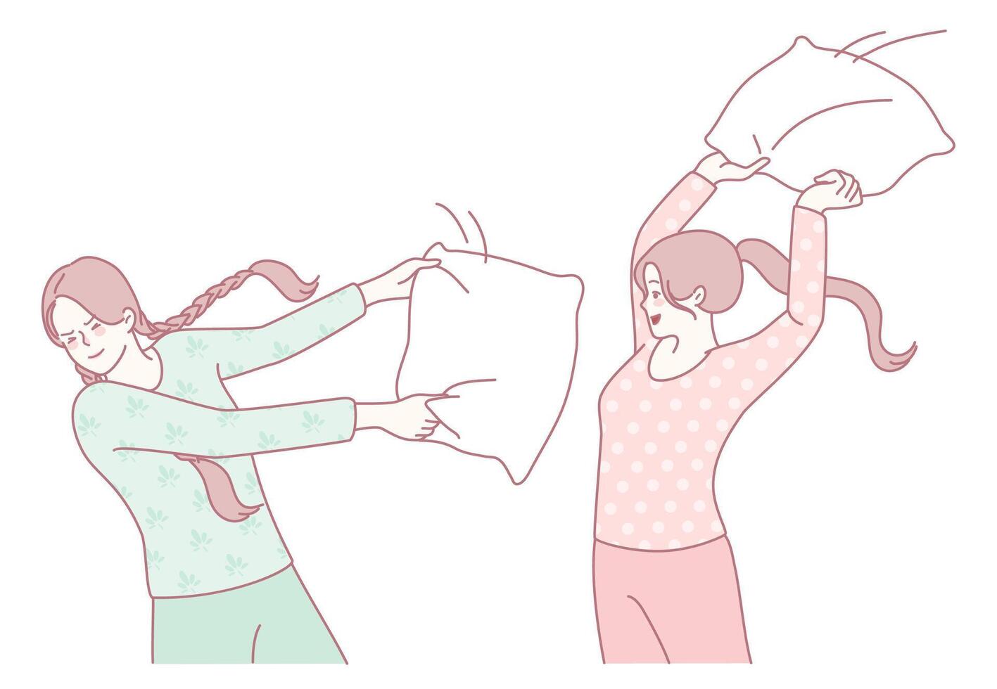 An Exciting and Fun Pillow Fight Between Good Friends Wearing Cozy Pajamas at Home vector