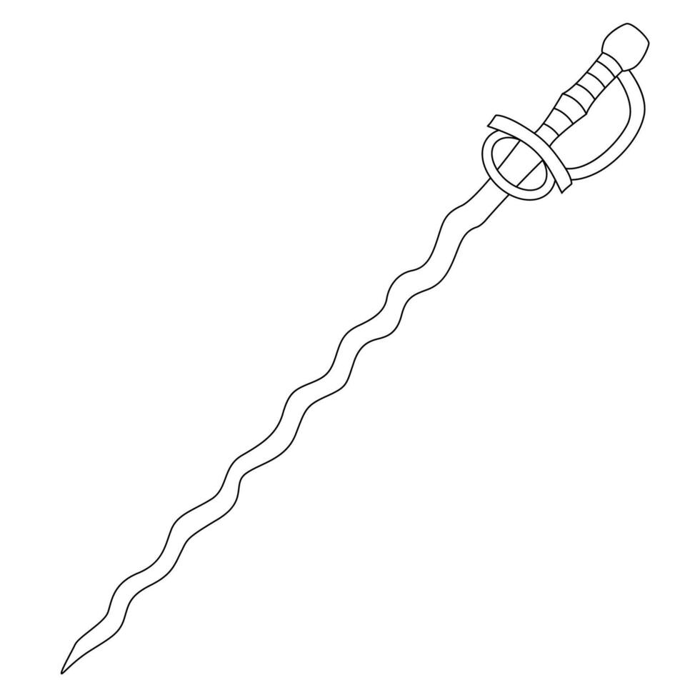 Flamberge sword with flame-like wavy blade and protective knuckle guard, hand drawn in black outline style. vector