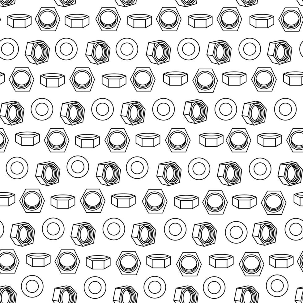 Seamless pattern with hand drawn bolts, nuts, and washers in black outline style. Ideal for coloring books, tool-themed fabric, and DIY project designs vector