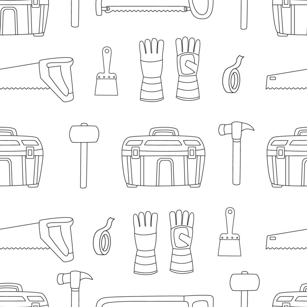 Seamless pattern featuring hand drawn construction tools like hammers, saws, gloves, paint scrapers, and toolboxes. Black outline illustration ideal for fabric, textile designs, and DIY-themed vector