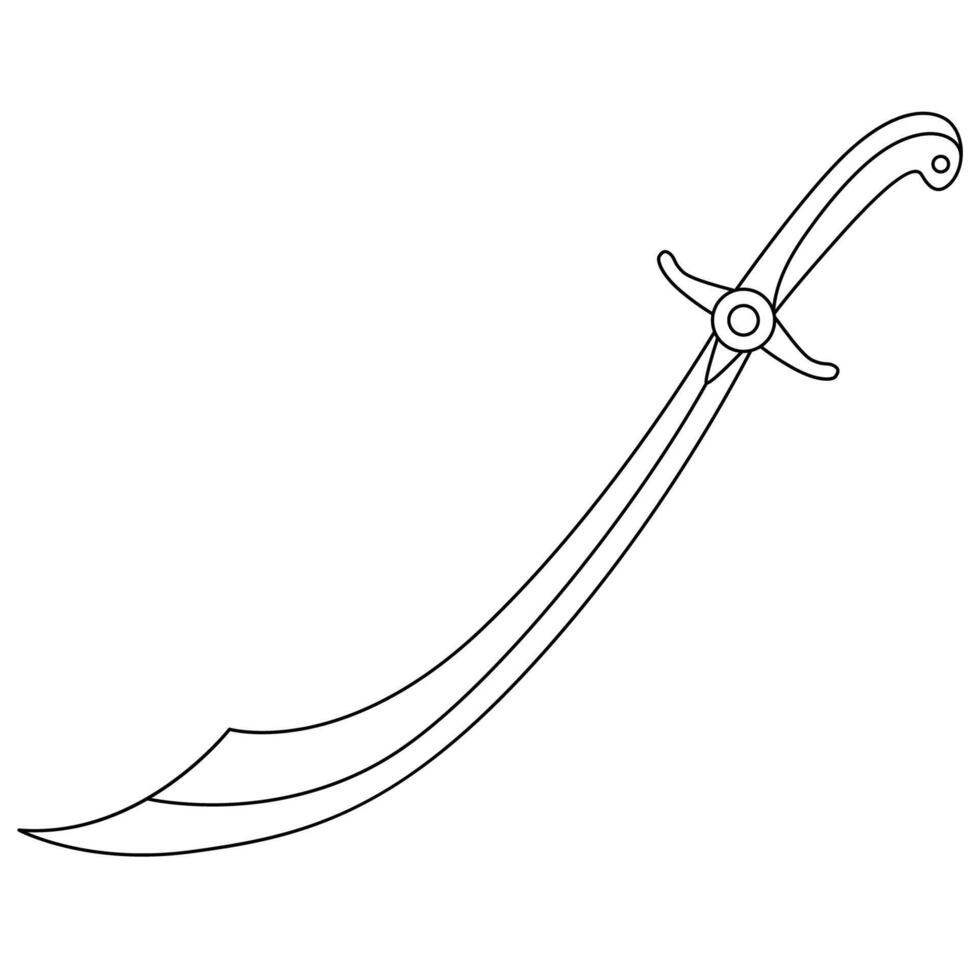 Hand drawn shamshir sword with a curved single-edged blade and decorative hilt, black outline illustration vector