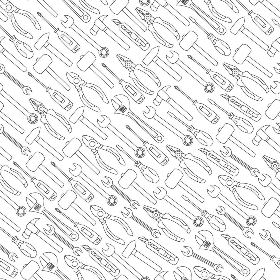 Seamless black outline pattern featuring various hand tools including pliers, screwdrivers, hammers, utility knives, and wrenches. Perfect for fabric, wallpaper, or DIY-themed coloring pages. vector