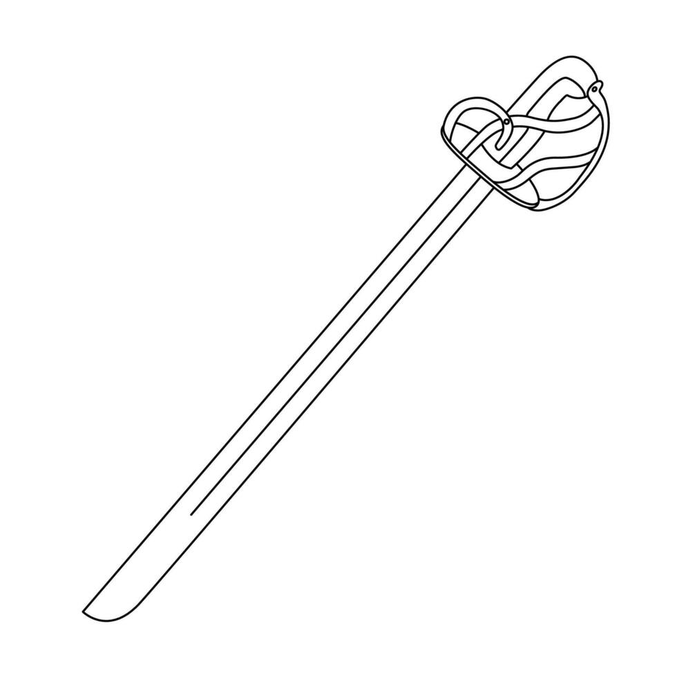 asket hilted saber with a slightly curved blade. Hand drawn outline illustration in doodle style vector