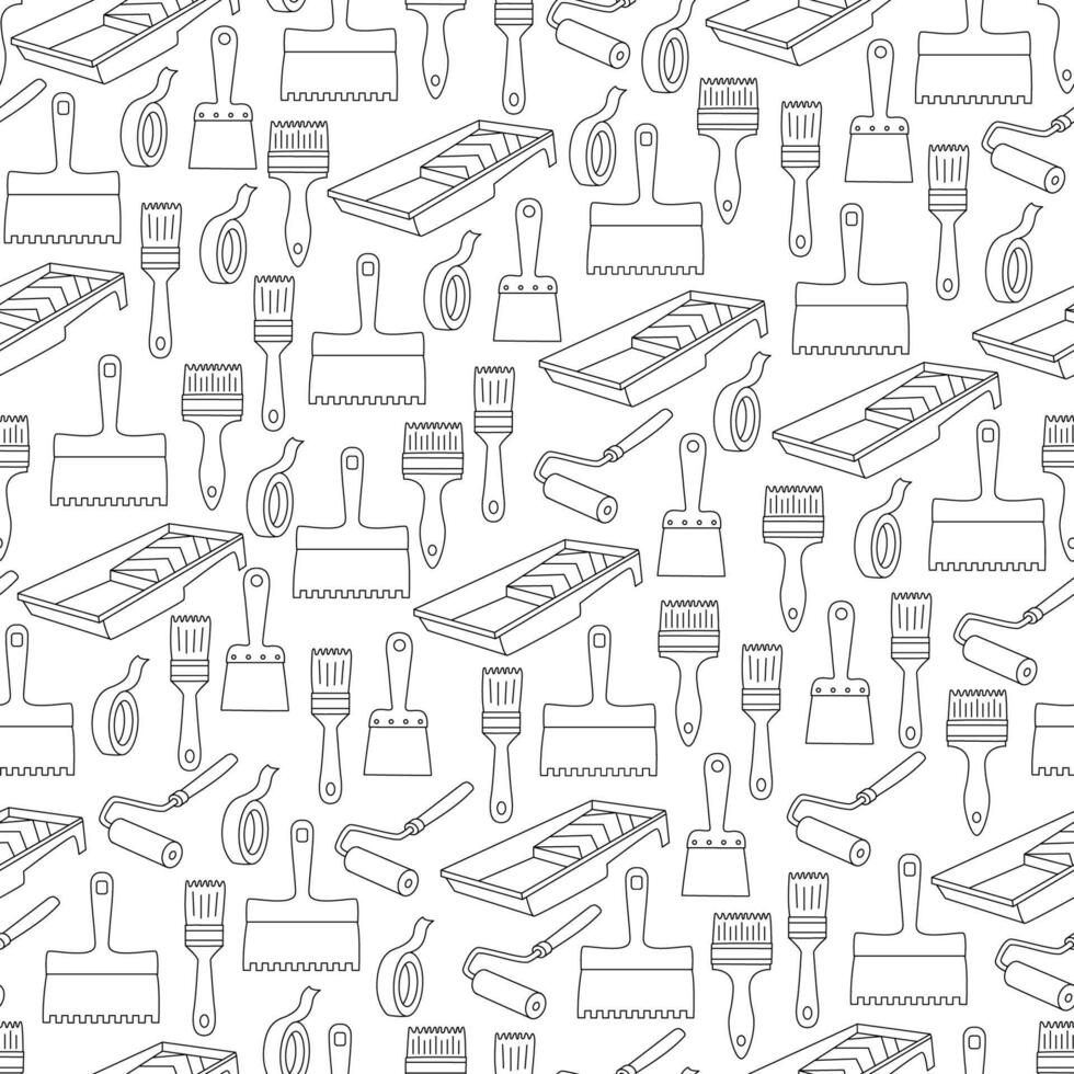 Seamless pattern with hand drawn painting tools including brushes, paint trays, rollers, masking tape, and scrapers. Black outline illustration perfect for fabric, textile, or coloring pages. vector