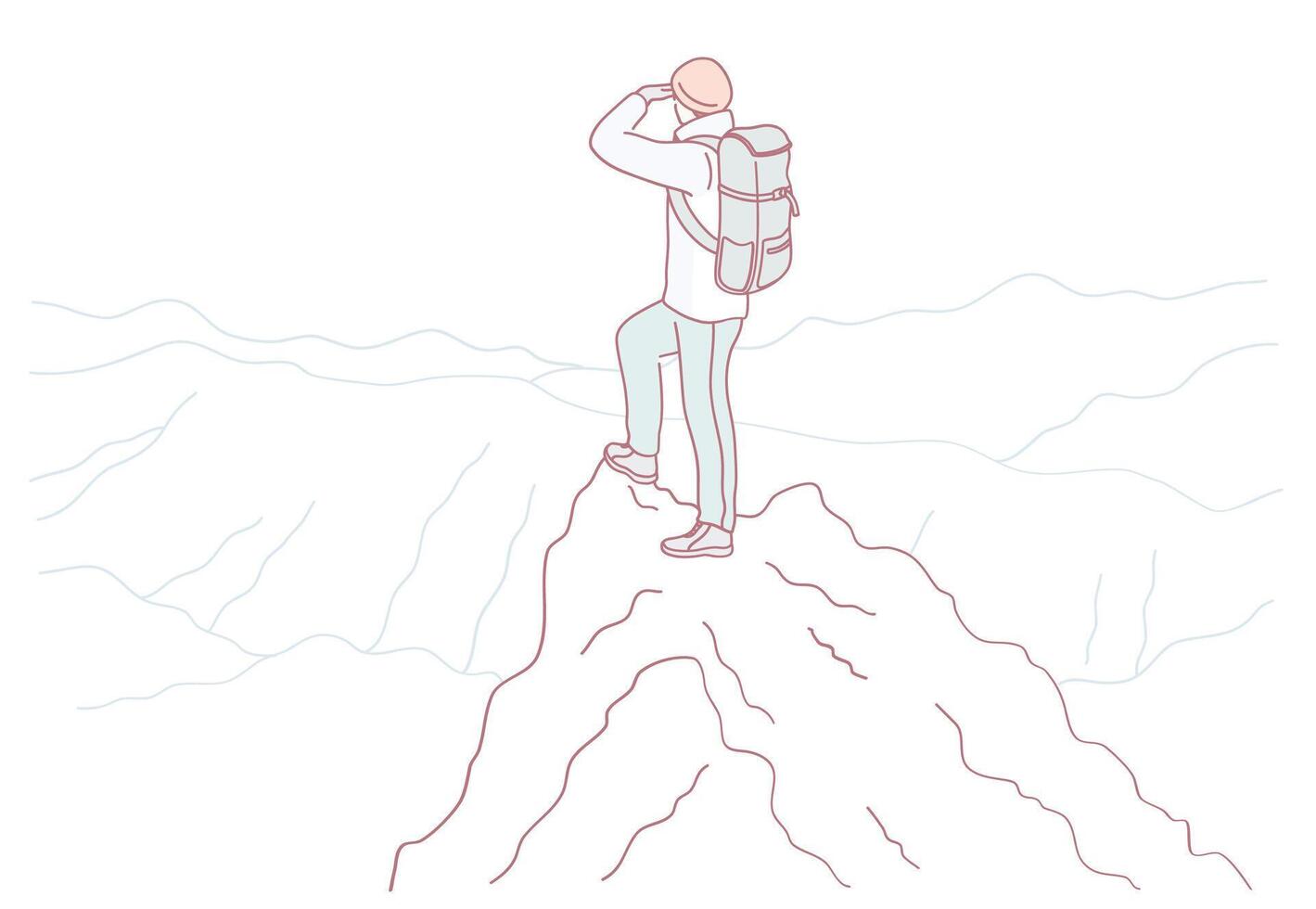 An adventurous explorer stands on a high peak, gazing at a vast and beautiful landscape vector