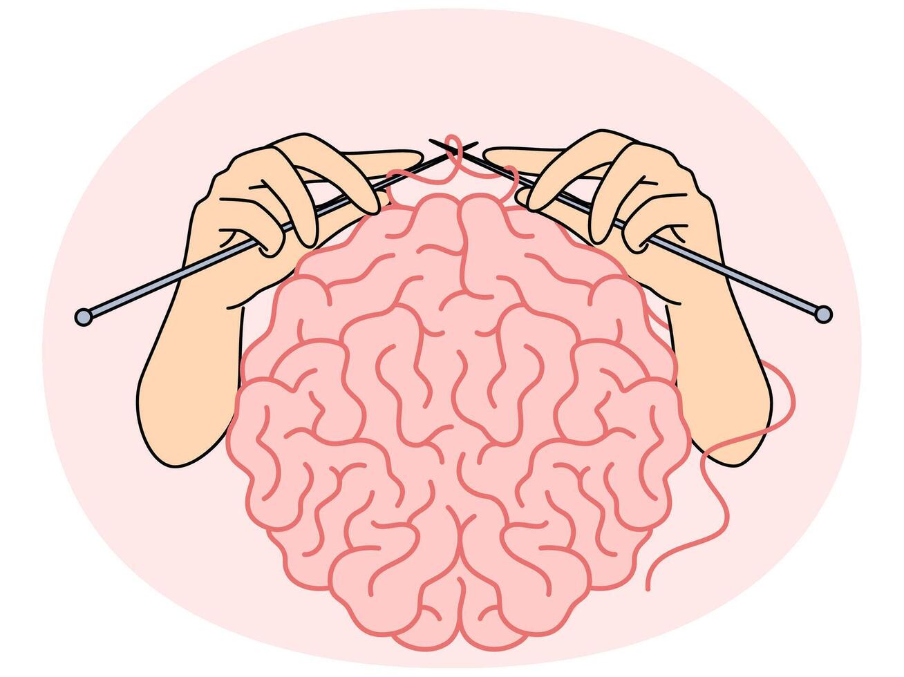 Human brain and hands with knitting needles, as metaphor for intellectual vector