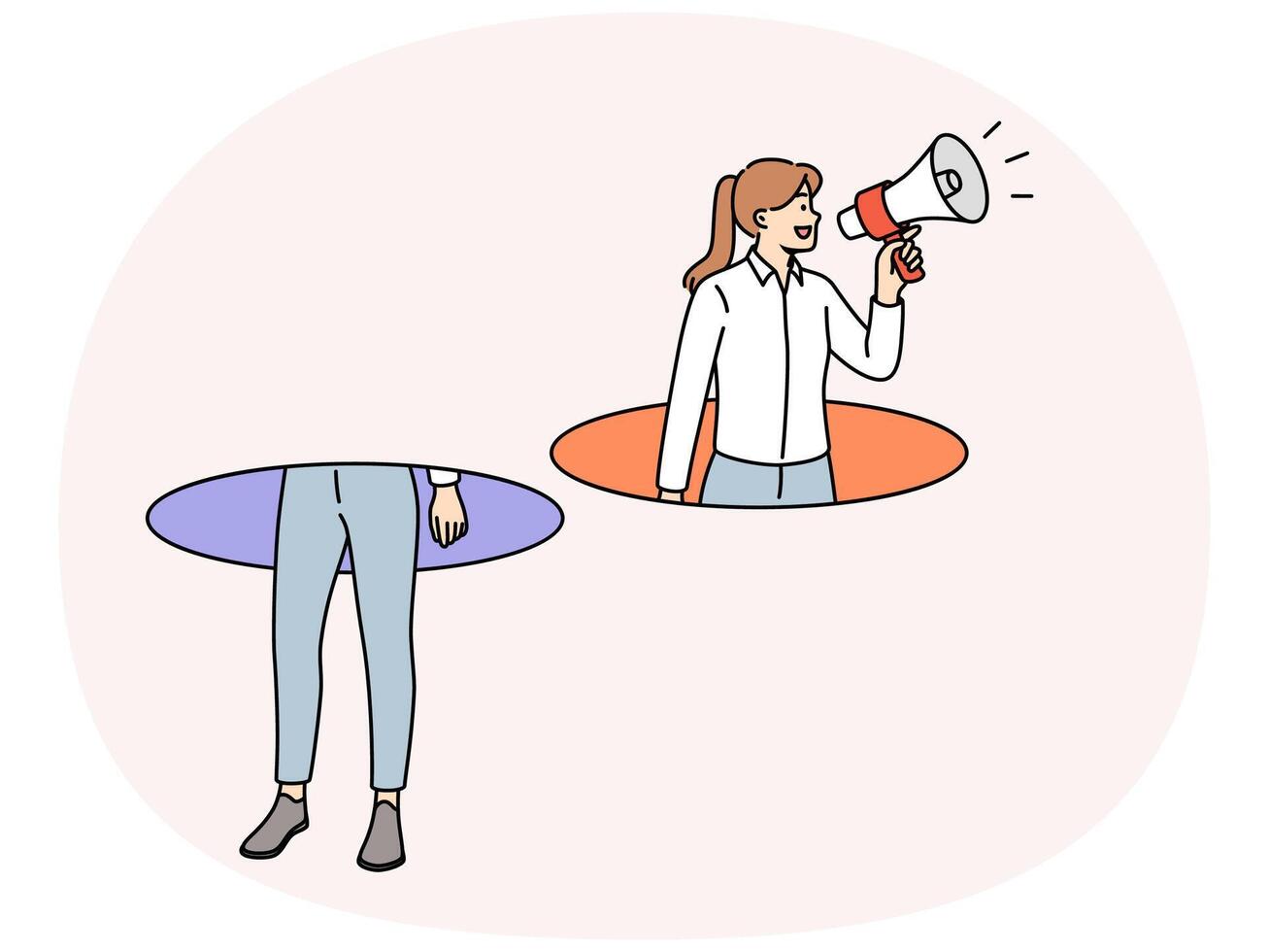 Woman with megaphone calls for visiting approaching sale by leaning out of hole vector