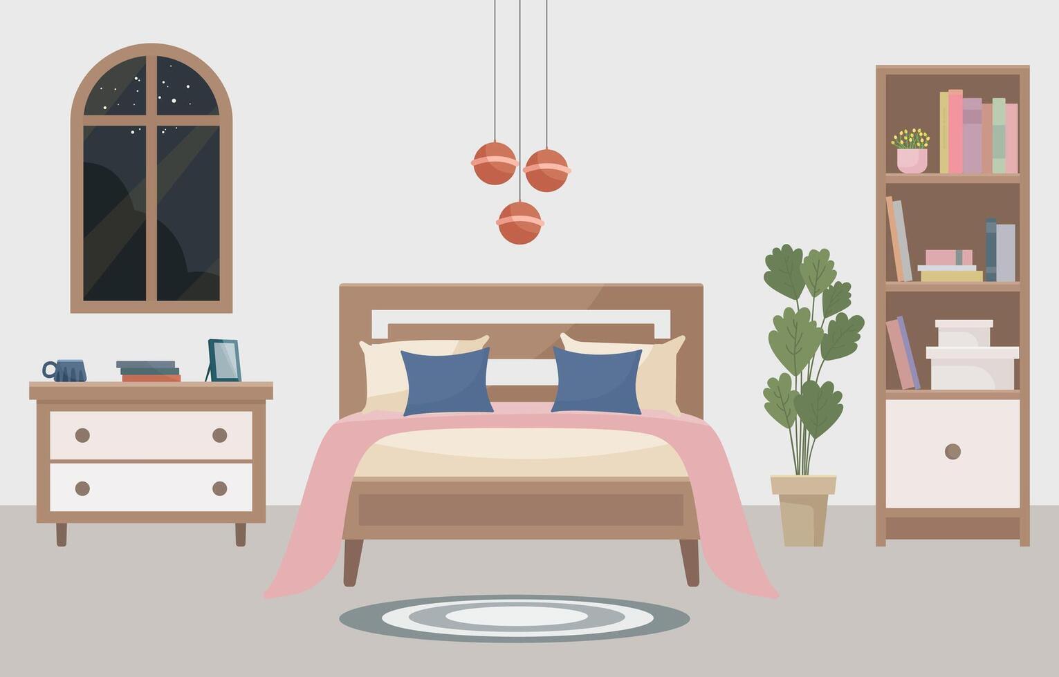 Warm and cozy bedroom with a comfortable bed, lamp, window, bookshelf and indoor plant. Interior concept. Ideal for websites, social media posts, blogs and design projects. vector