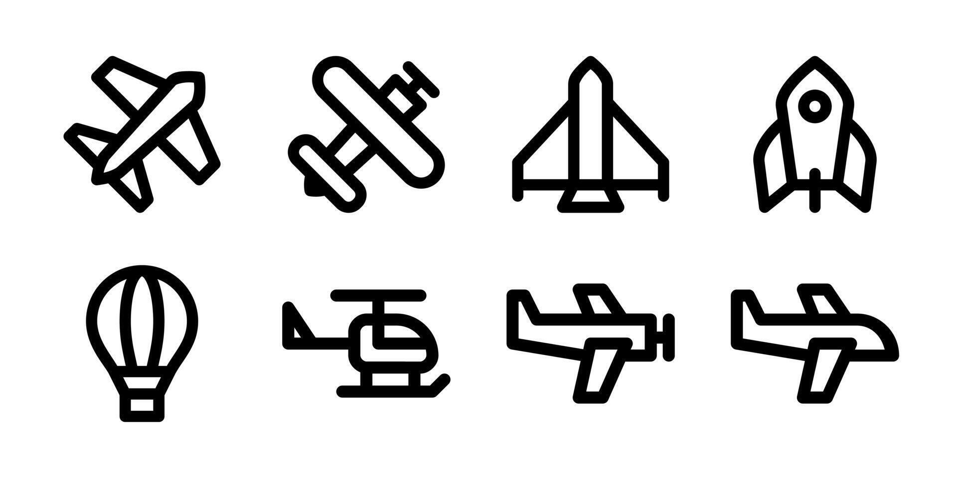 Air Transportation Icon Set, representing various modes of air travel including planes, helicopters, rockets, and hot air balloons. vector