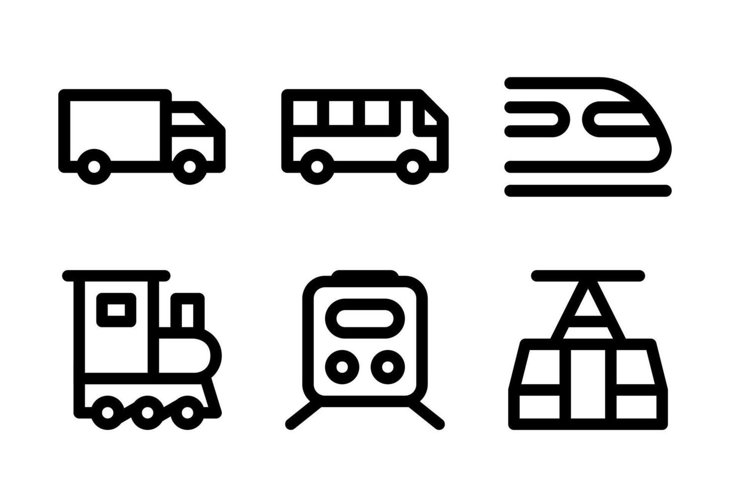 A set of essential icons for public and heavy ground transportation. Perfect for city guides, logistics apps, and infrastructure projects covering trucks, buses, and trains. vector