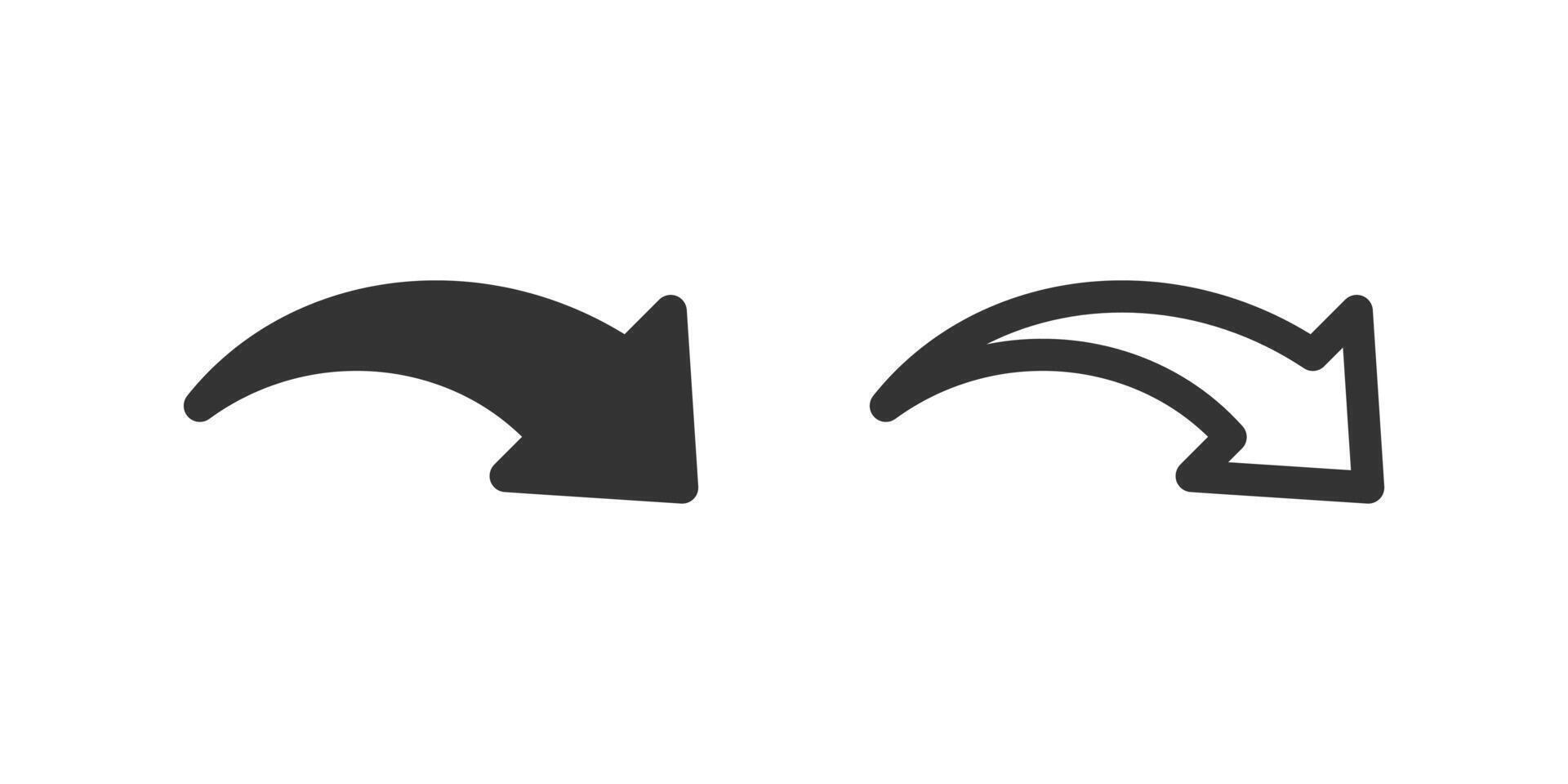 Curved right down arrow icon set. Suitable for data flow, next steps, and descending trends. Symbol of data flow, next, and diagonal direction. vector