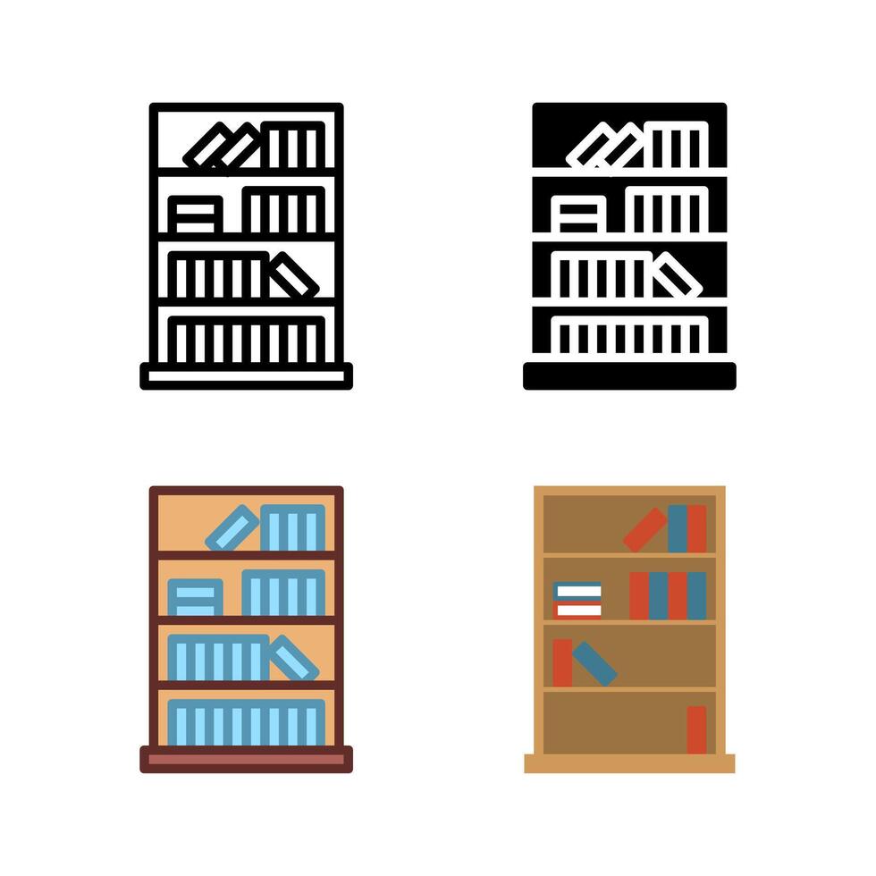 Essential bookcase and bookshelf icons, perfect for representing storage, libraries, home offices, and living room organization. vector