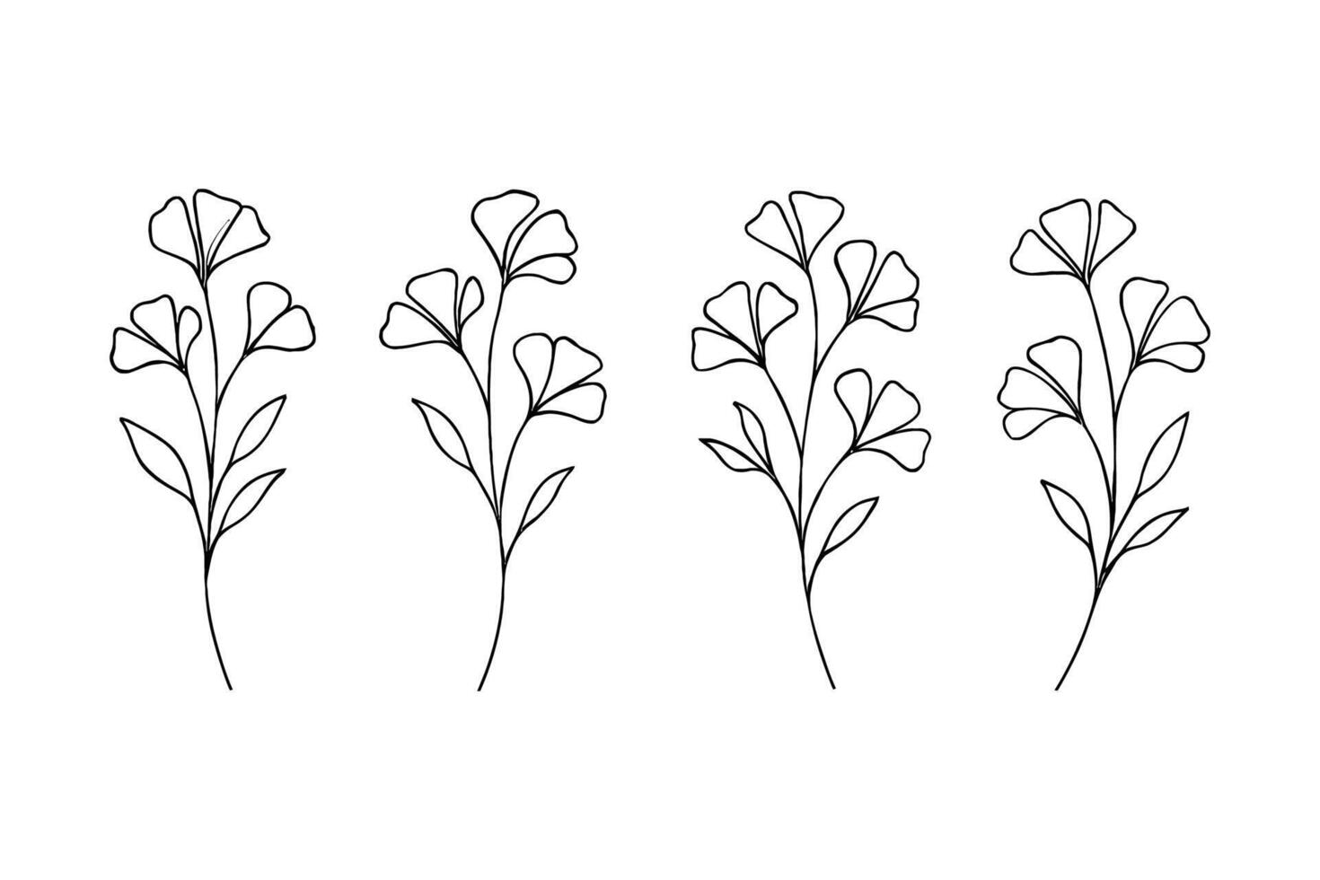 Set of Four Minimalist Botanical Line Art Illustrations Featuring Abstract Ginkgo-Inspired Floral Stems with Elegant Black-and-White Continuous Outlines vector