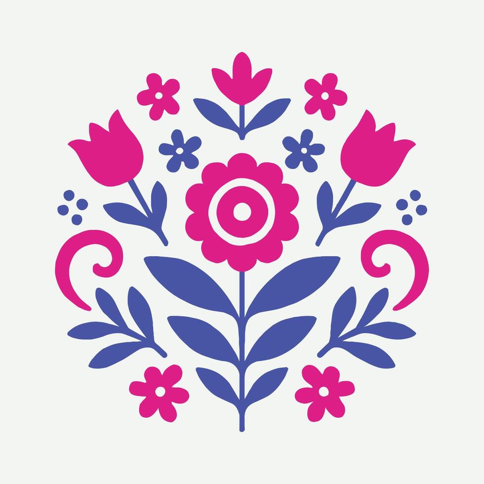 Symmetrical Folk Art Floral Motif in Fuchsia and Periwinkle on White Background vector