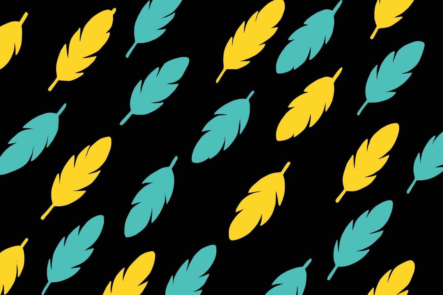 Pop Art Style Seamless Feather Pattern in yellow and turquoise on Black Background vector