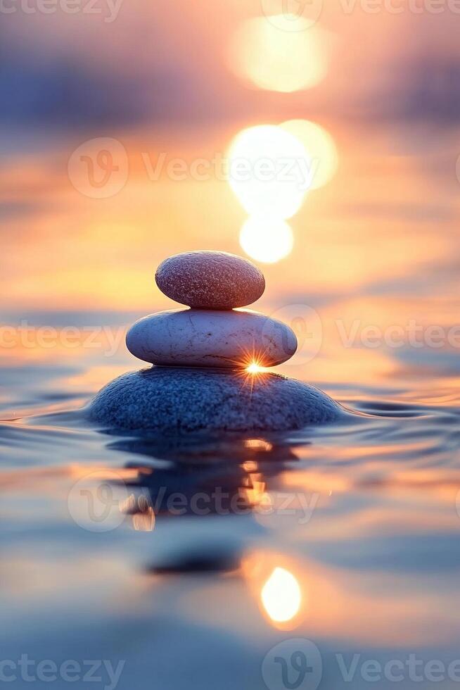 Zen pyramid on the water at sunset. photo