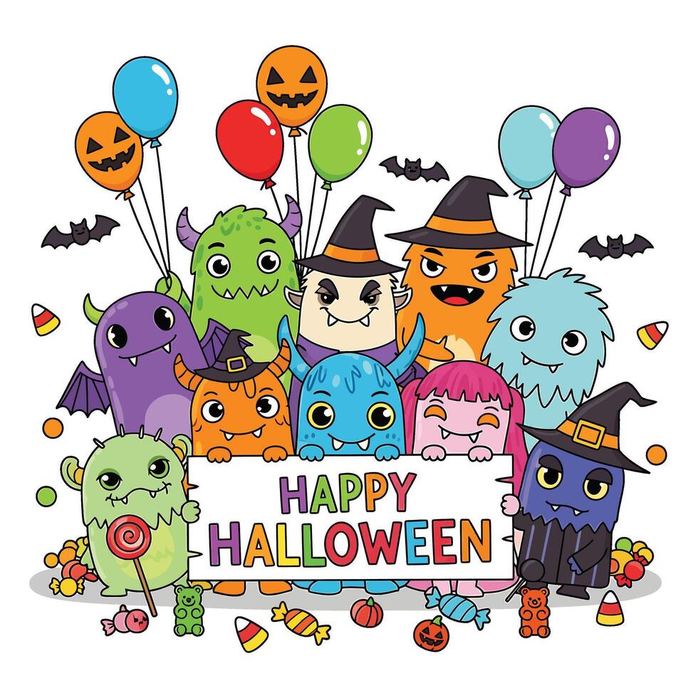 Cute Happy Halloween Monsters Holding Sign with Candy and Balloons on White Background vector
