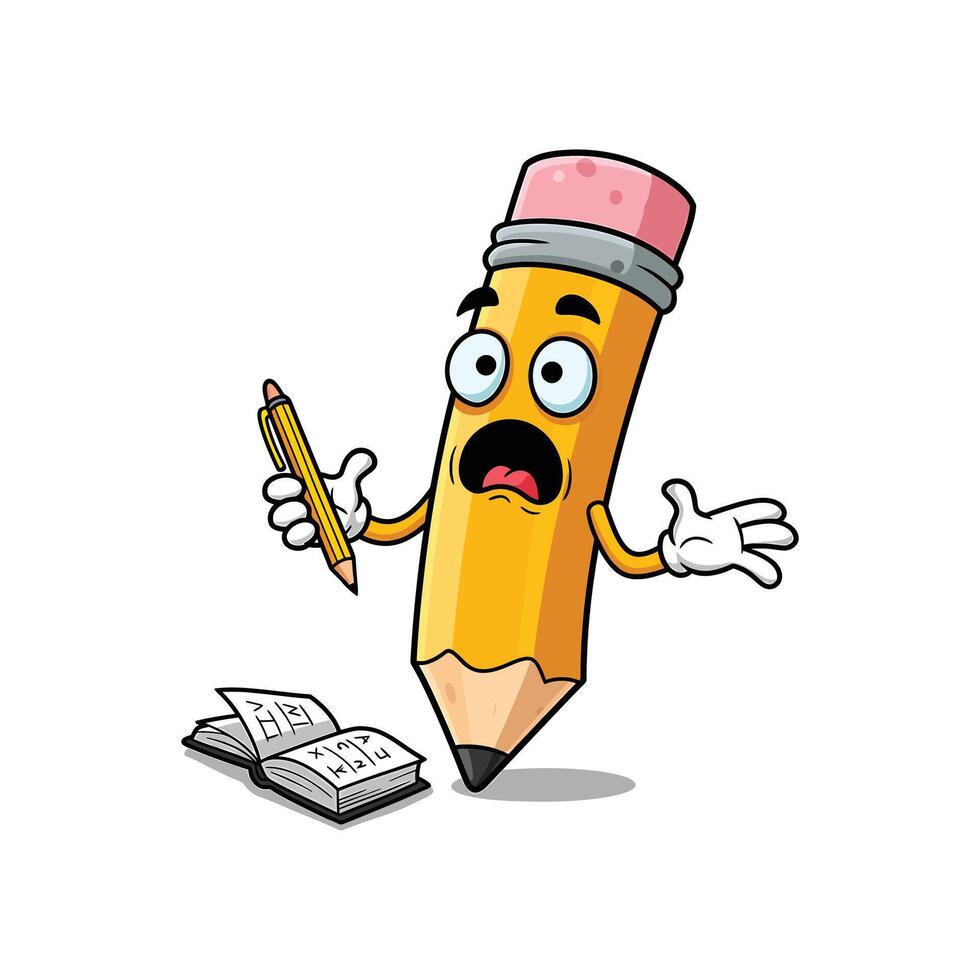 Surprised Pencil Clipart Studying Book Holding a Pen - A Funny Education Character vector