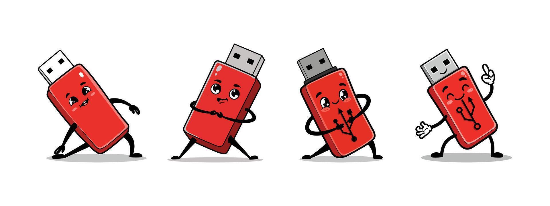 Set of Funny USB Flash Drive Clipart Characters - Data Storage Fun vector