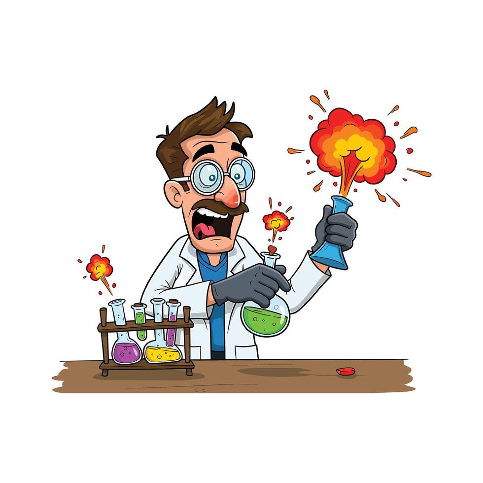 Astonished Scientist Clipart with Exploding Flask - Funny Chemistry Accident vector