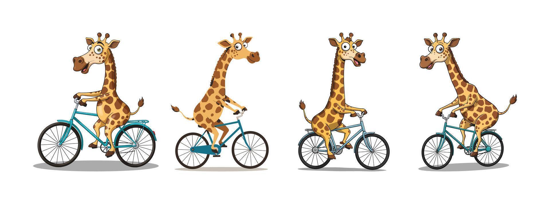 Set of Funny Giraffe Clipart Riding Bicycles vector