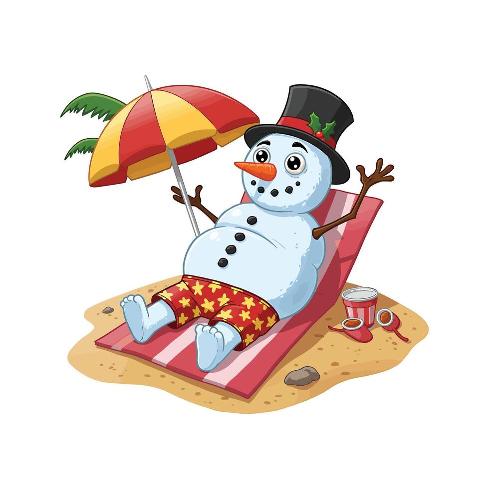 Relaxed Snowman Clipart on Beach with Umbrella - A Funny Summer Vacation Concept vector