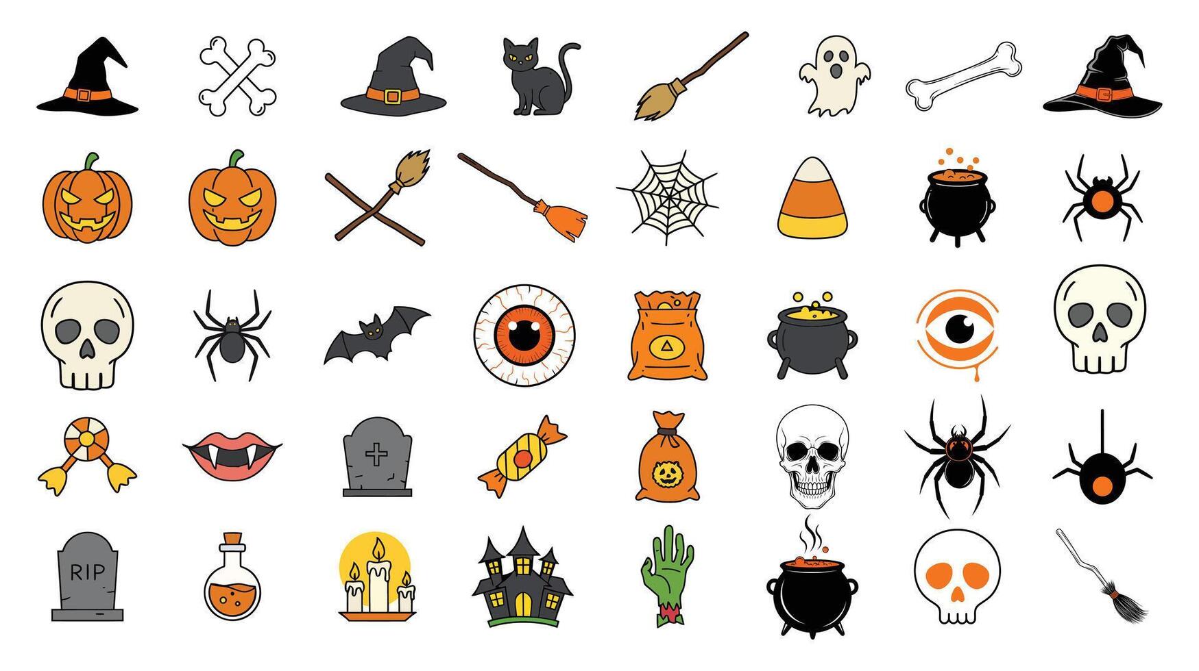 Flat Halloween Icon Set - Spooky and Fun Illustrations of Pumpkins, Witches, Ghosts, Skulls, Spiders, Bats, Candy, and Halloween Decorations for Seasonal and Holiday Design Projects vector