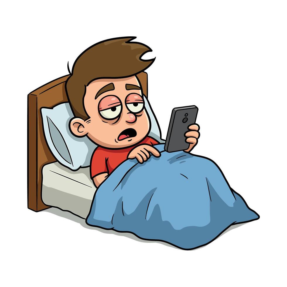 A Funny Clipart of a Sleepy Man Using Phone in Bed - Cartoon Insomnia and Smartphone Addiction vector