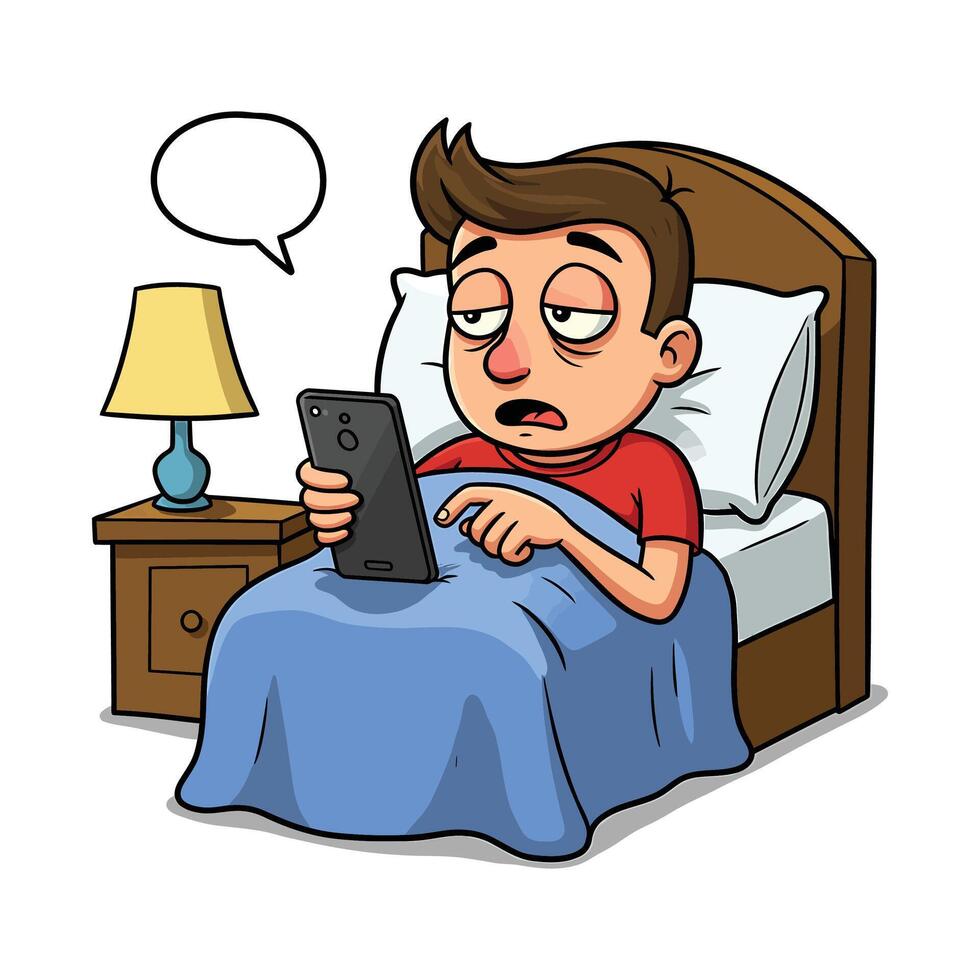 A Clipart of an Exhausted Man in Bed Using a Phone at Night with a Blank Speech Bubble for Customize Text - A Funny Insomnia Concept vector