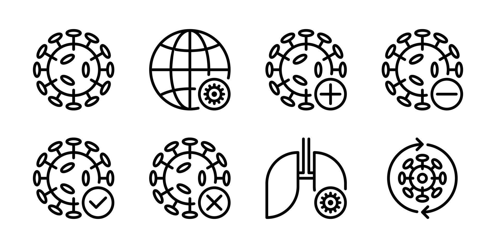Virus and Infection Status Icon Set. Ideal for medical presentations, public health campaigns, and scientific research. Covers virus particles, global impact, test results, and affected organs. vector