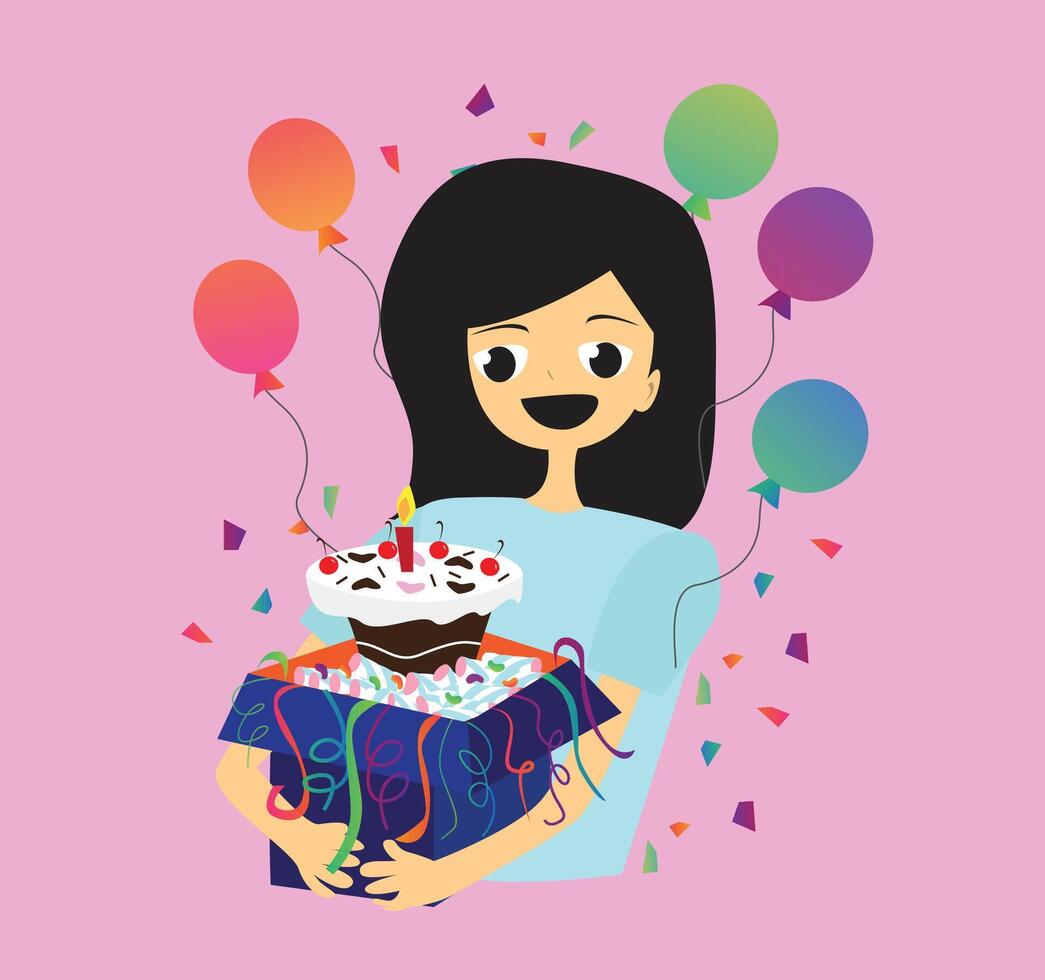 Happy birthday girl with cake and balloons illustration vector