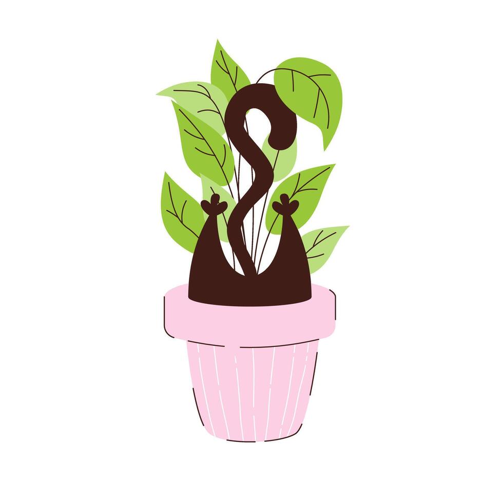 Funny black cat in a flowerpot with only his paws and tail sticking out. Pets and potted plants in pots vector