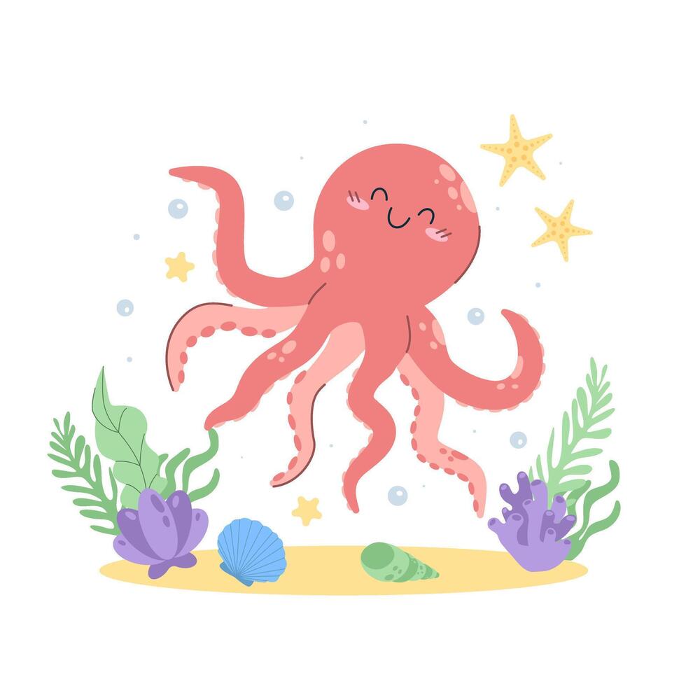 Simple hand drawn scene with marine animal kawaii pink octopus. Cute underwater creatures in flat cartoon style, isolated. ocean theme projects vector