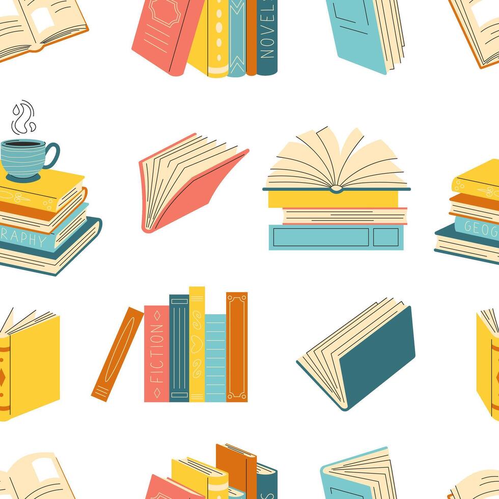 Seamless pattern of hand drawn books. Cute different stacks and piles of books, open and closed books isolated on white background. vector