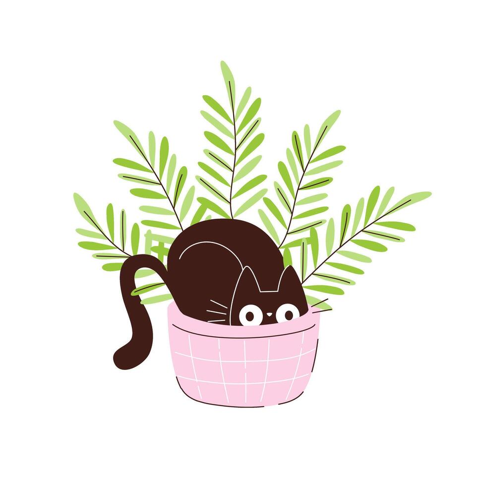 Amusing black cat hiding in a flower pot. Pets and potted plants in pots vector