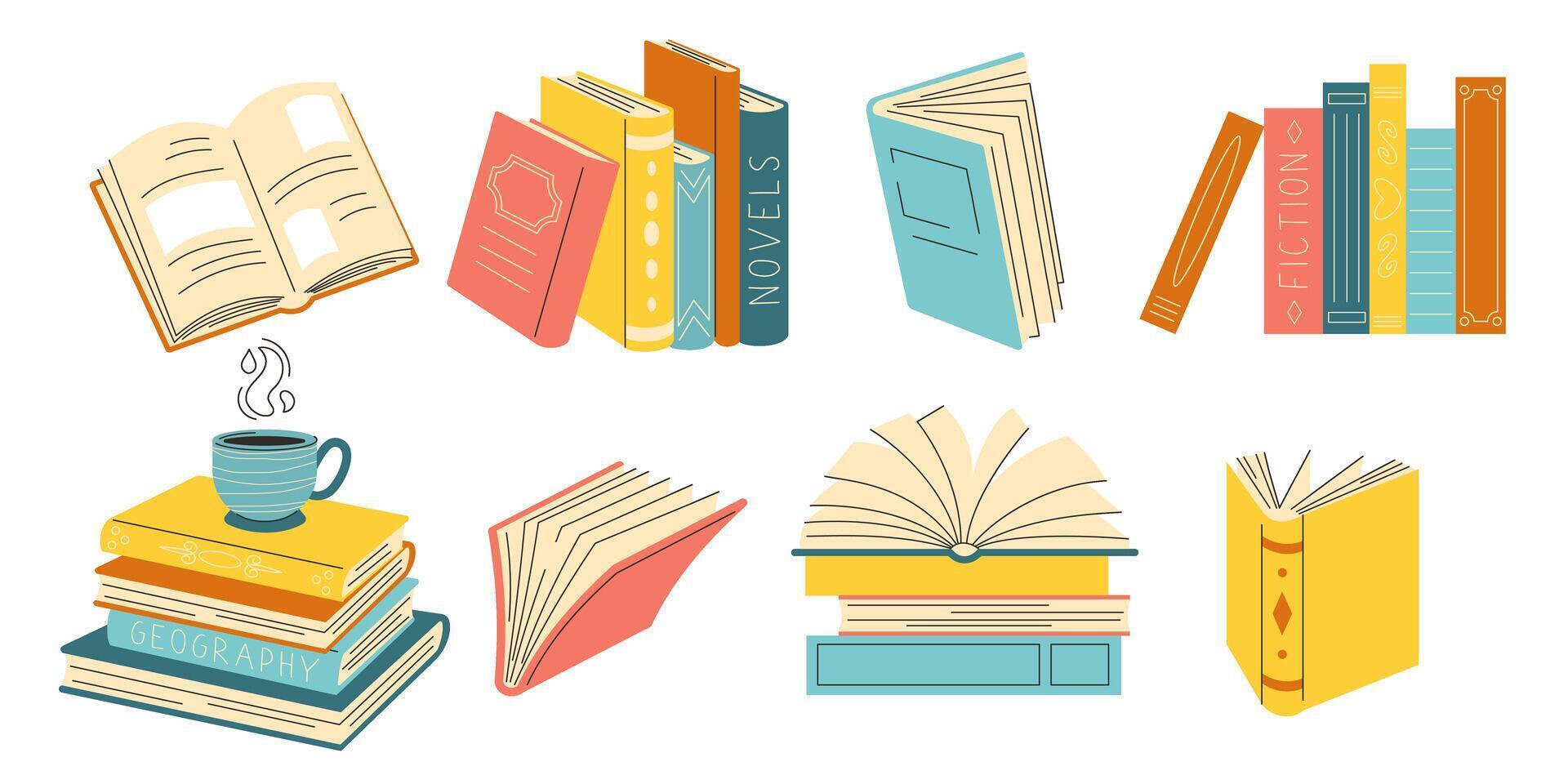 collection of various stacks and piles of books. set of open and closed books. Educational theme. scientific and fiction literature isolated on white background vector