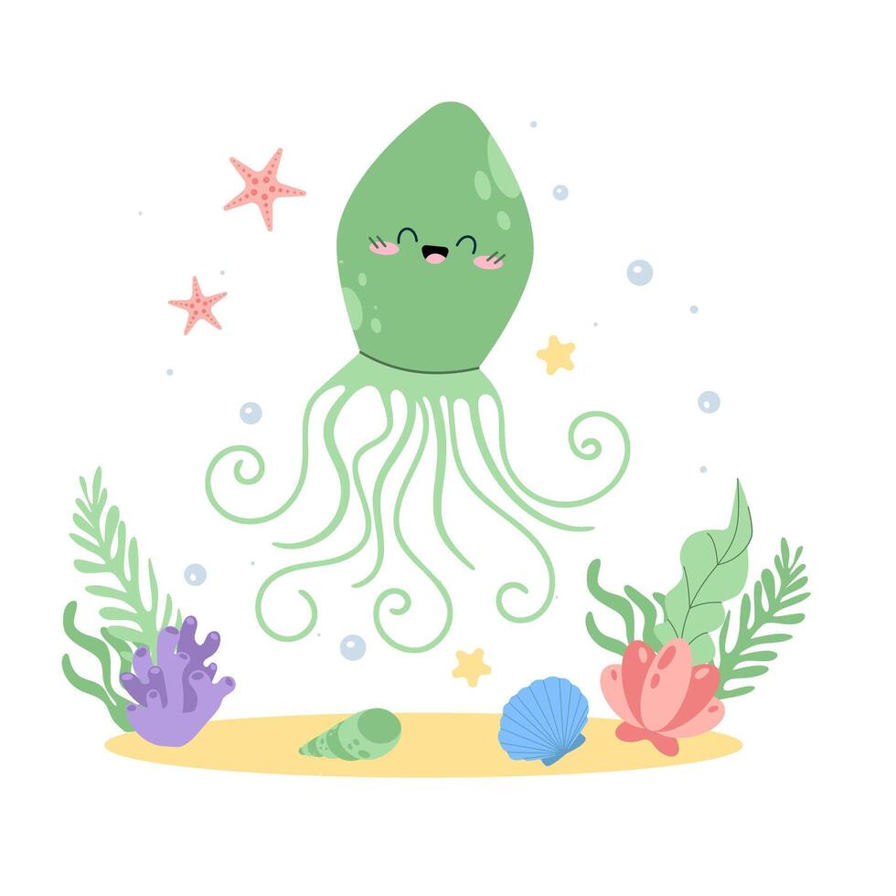 Simple hand drawn scene with marine animal kawaii green squid. Cute underwater creatures in flat cartoon style, isolated. ocean theme projects vector